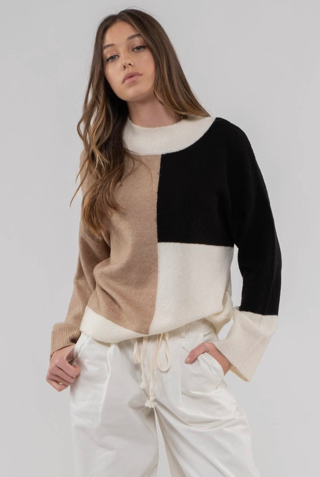 Colorblock Mock Neck Sweater - C&C Boutique