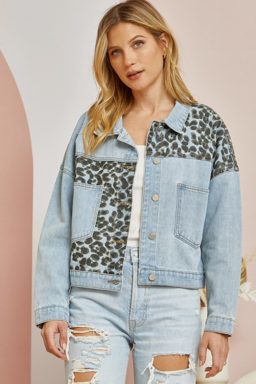 Leopard Contrast Denim Jacket - C&C Boutique