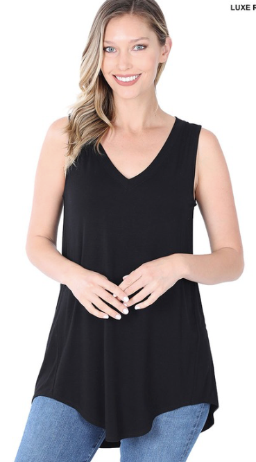 LUXE RAYON SLEEVELESS HI-LOW V-NECK TOP - BLACK - C&C Boutique