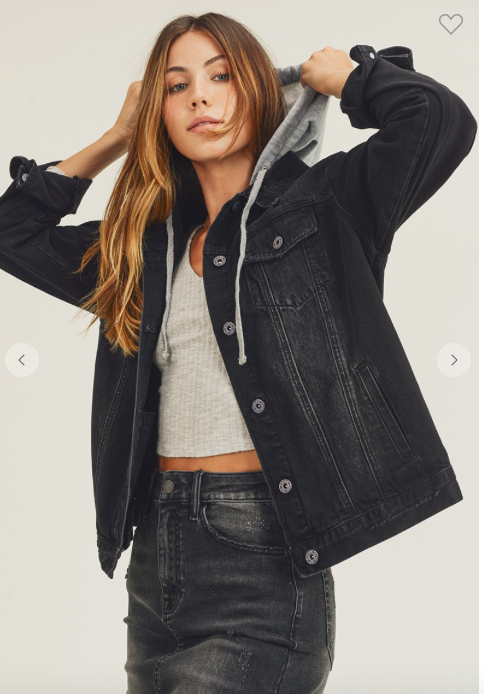 RELAXED FIT TRUCKER JACKET WITH HOOD- BLACK - C&C Boutique
